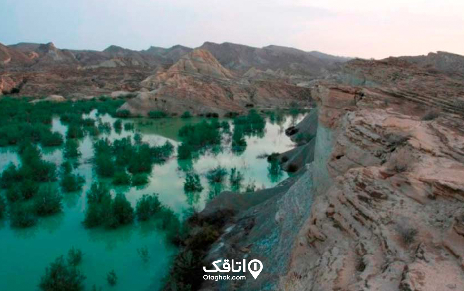 برکه ای با پوشش گیاهی سبز که توسط صخره هایی احاطه شده