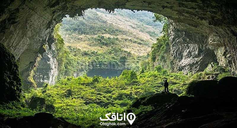 نمای داخل غار رودافشان رو به کوهای جنگلی