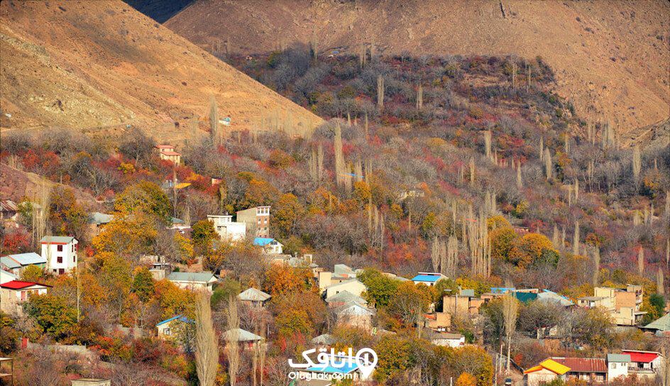 نمایی از پاییز و درختان رنگارنگ و شیروانی ها در روستای برگ جهان