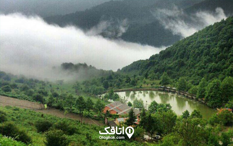 کلبه جنگلی نارنجی رنگ وسط جنگل که پشت آن رو به یک دریاچه است