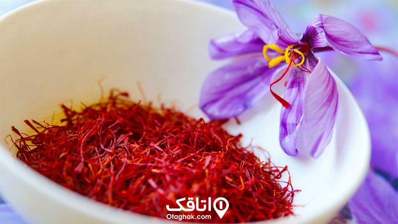 یک گل تازه زعفران و مقداری زعفران خشک شده قرمز درون کاسه ای سفید رنگ