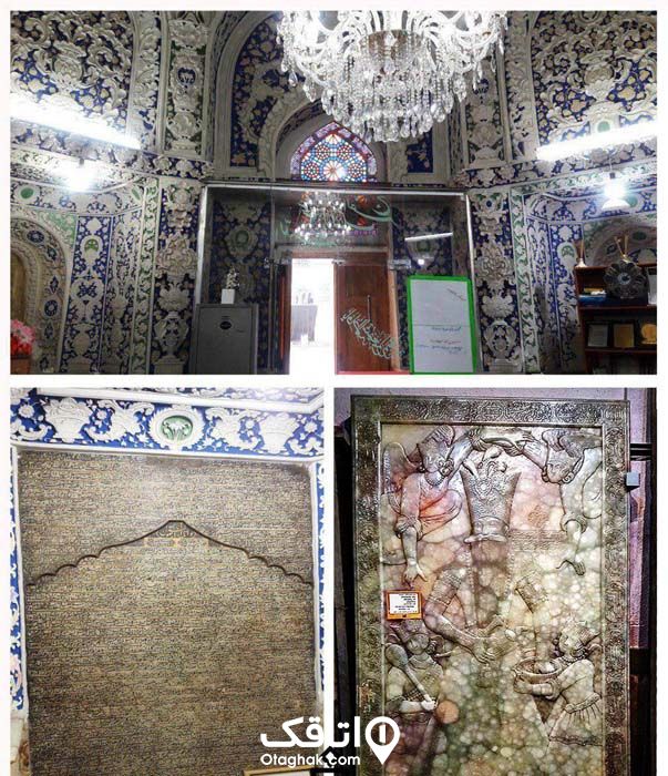 مقبره فتح‌علی شاه قاجار با دیوار هایی طرح دار و چلچراغی در بالا مقبره