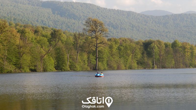 قایقی با دو سر نشین روی دریاچه الندان با نمای کوهستان جنگلی