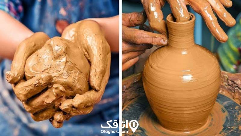 سمت چپ عکس توده ای از گل در دستان یکنفر سمت راتس همون گل در حال تبدیل شدن به کوزه سفالی