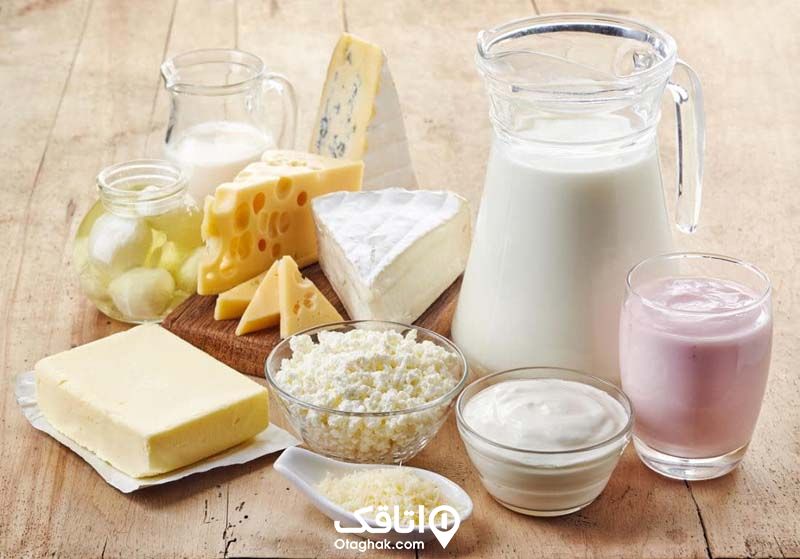 انواع لبیات از جمله شیر، دوغ، مرخ، پنیر، ماست و کشک در کنارهم 