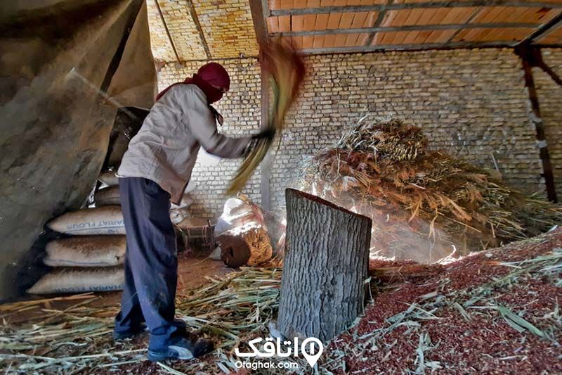 یکنفر در حال جارو بافی در یک کارگاه جارو بافی