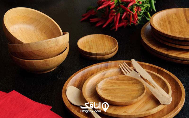 بشقابریال کاسه، قاشق، چنگال و چاقوی درست شده از چوب بامبو