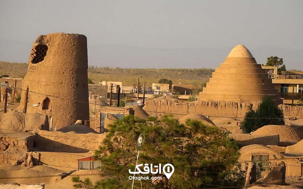 چند ساختمان بزرگخشتی و گلی از نمای دور تعدادی خانه خشتی و یک درخت