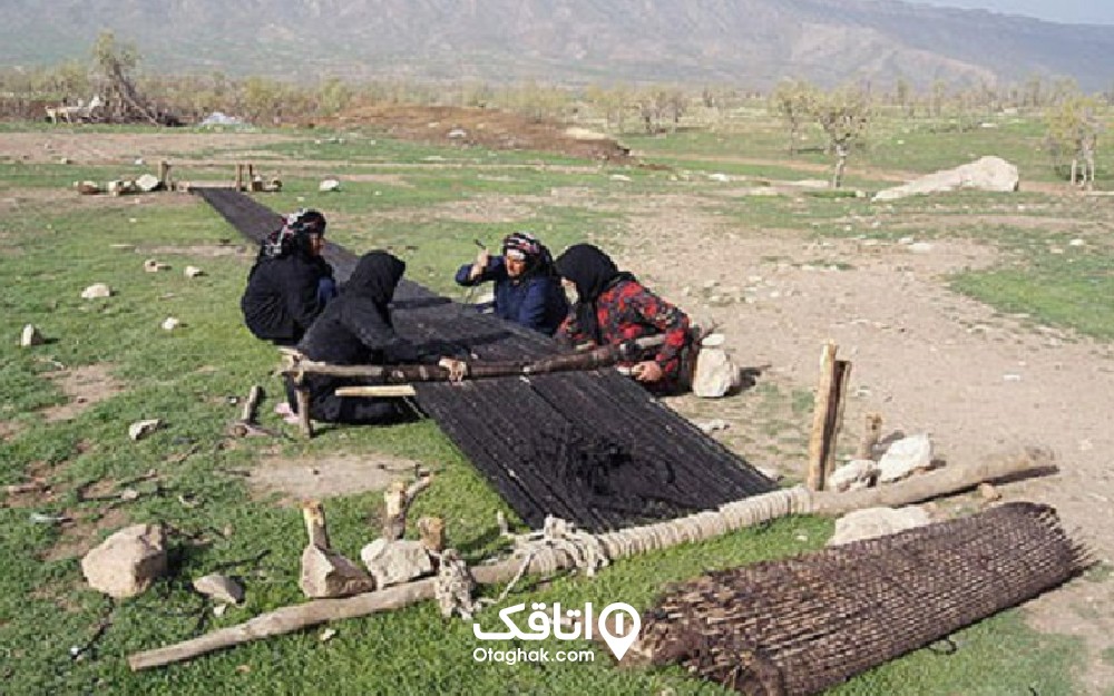 چند زن در حال بافتن یک چادر سیاه 